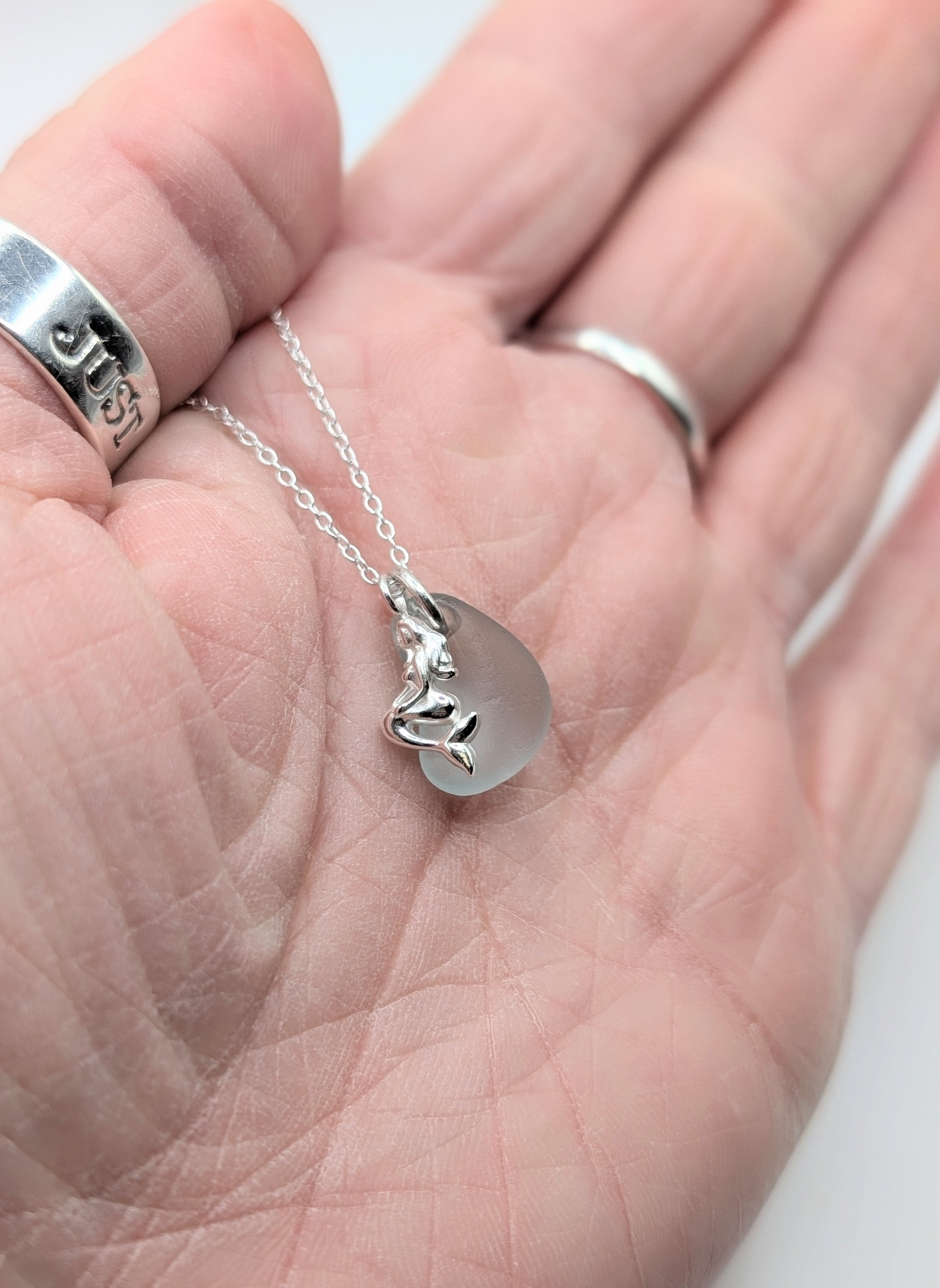 Sterling Silver Mermaid Charm Necklace with Grey Suffolk Sea Glass