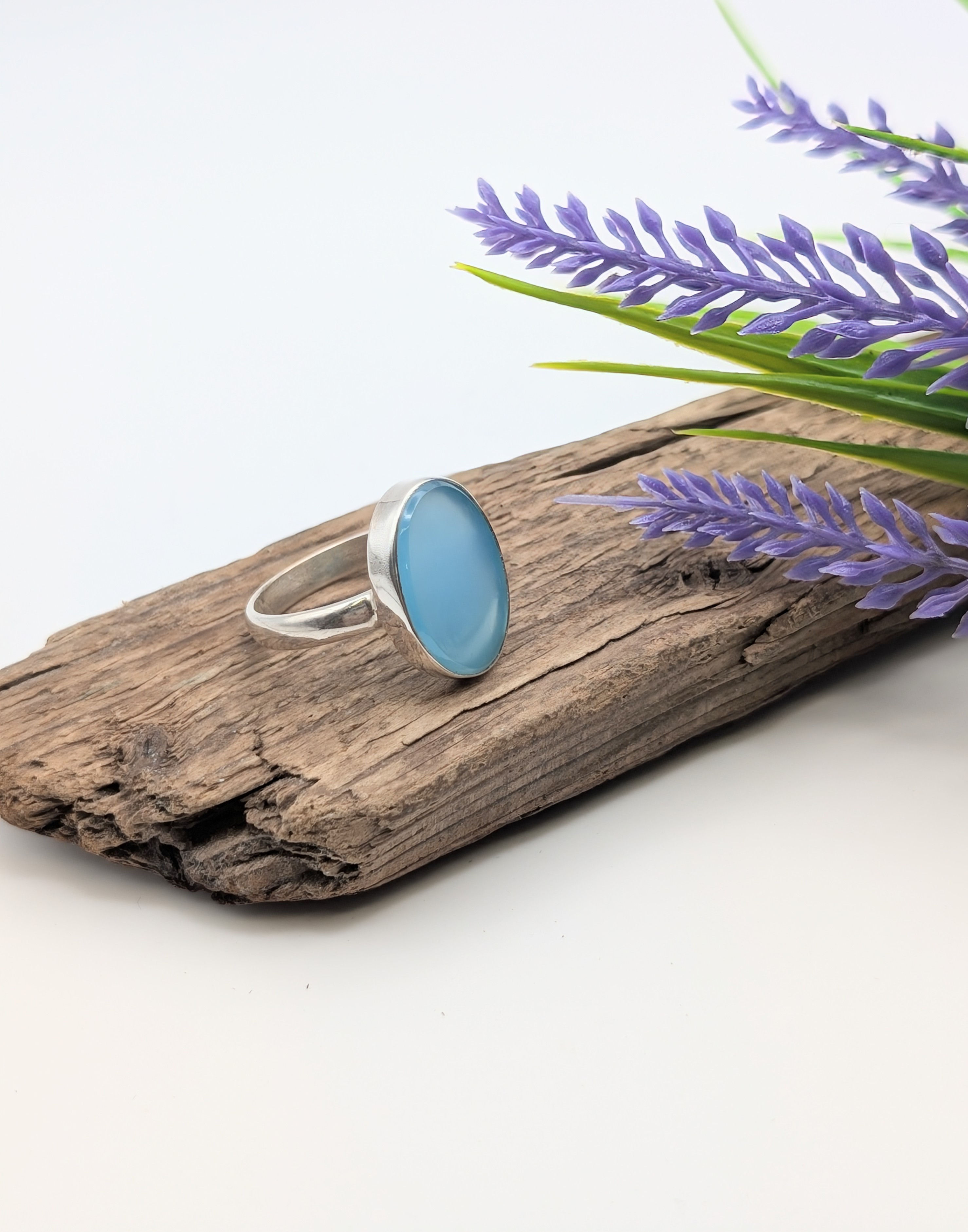 Sterling Silver Statement Oval Ring with Blue Chalcedony