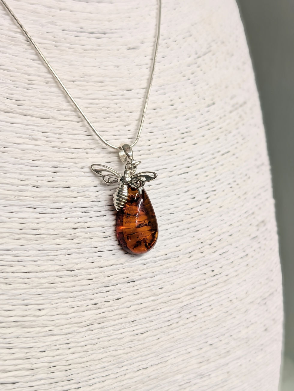 Thumbnail: Sterling Silver Baltic Amber Pendant with Bee Charm