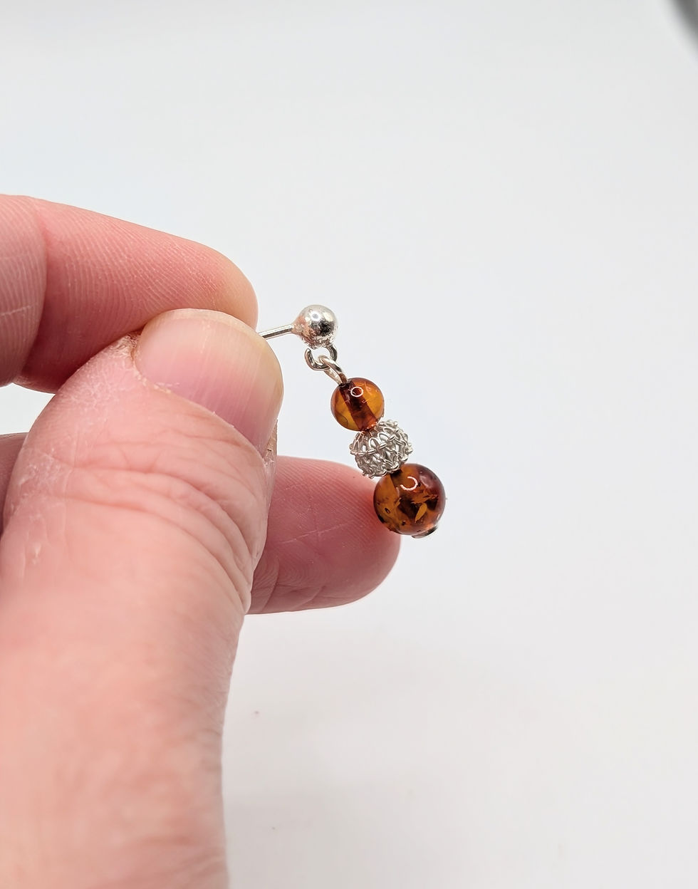 Thumbnail: Sterling Silver & Cognac Amber Beaded Drop Earrings 