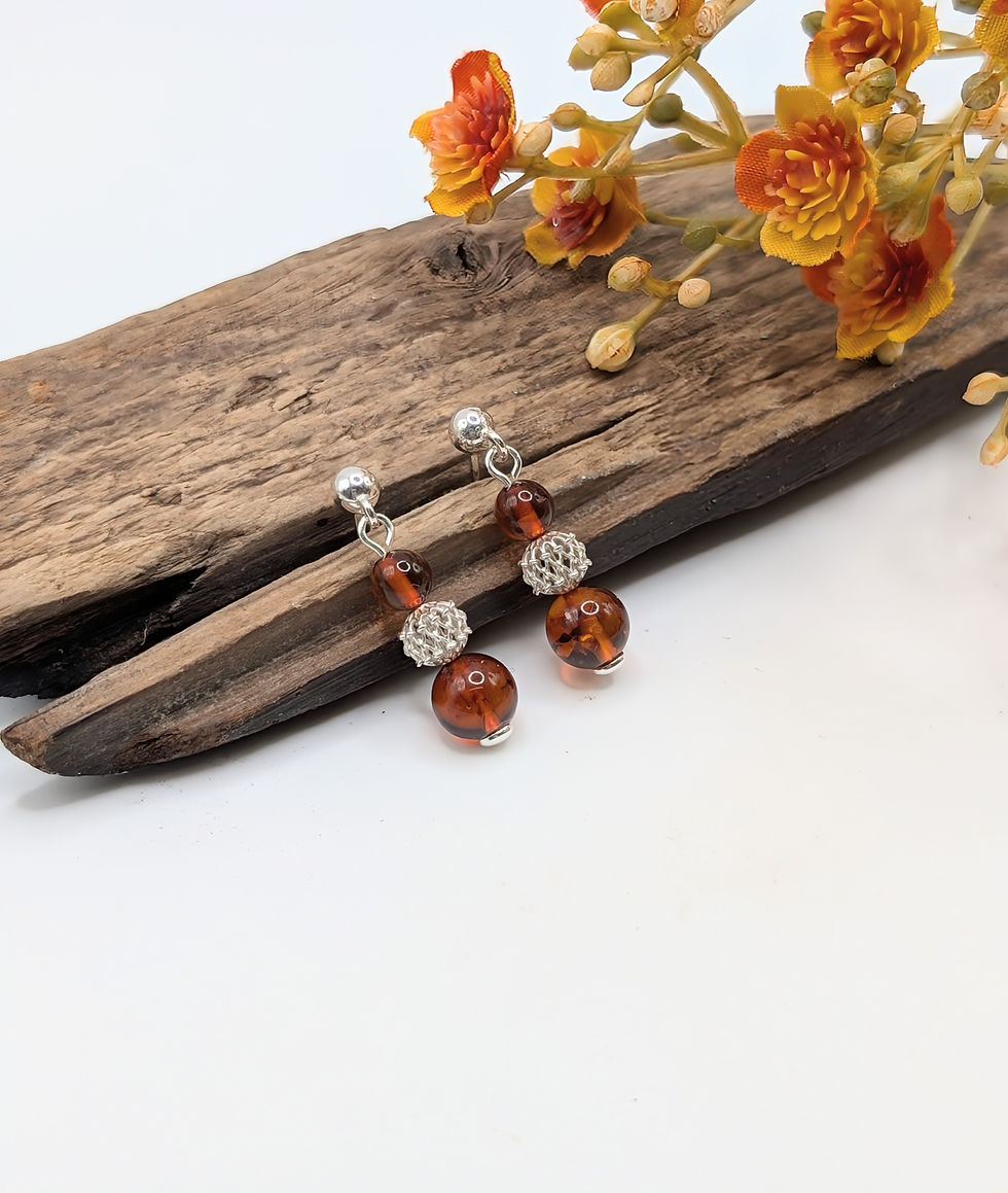 Thumbnail: Sterling Silver & Cognac Amber Beaded Drop Earrings 