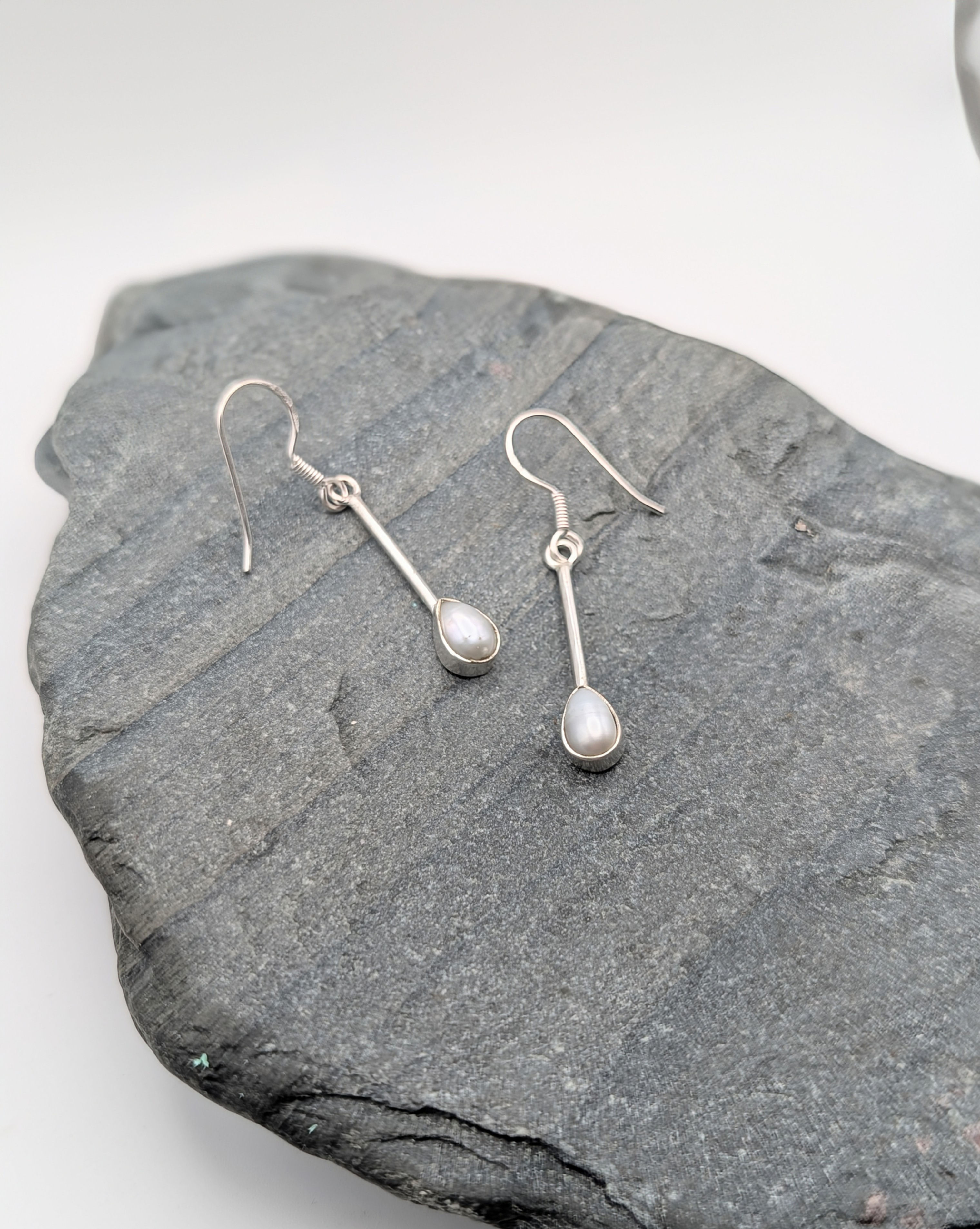 Long Sterling Silver Bar Drop Earrings with White Freshwater Pearls