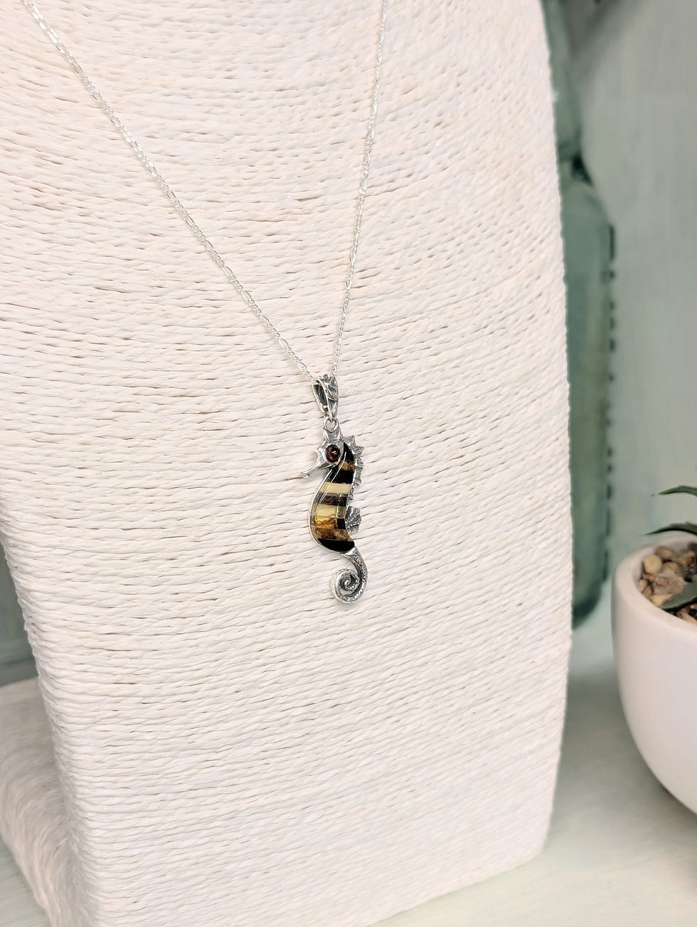 Thumbnail: Sterling Silver Seahorse Pendant With Mosaic Baltic Amber Inlay