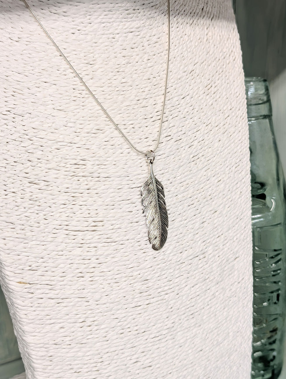 Thumbnail: Large Sterling Silver Feather Pendant & Chain