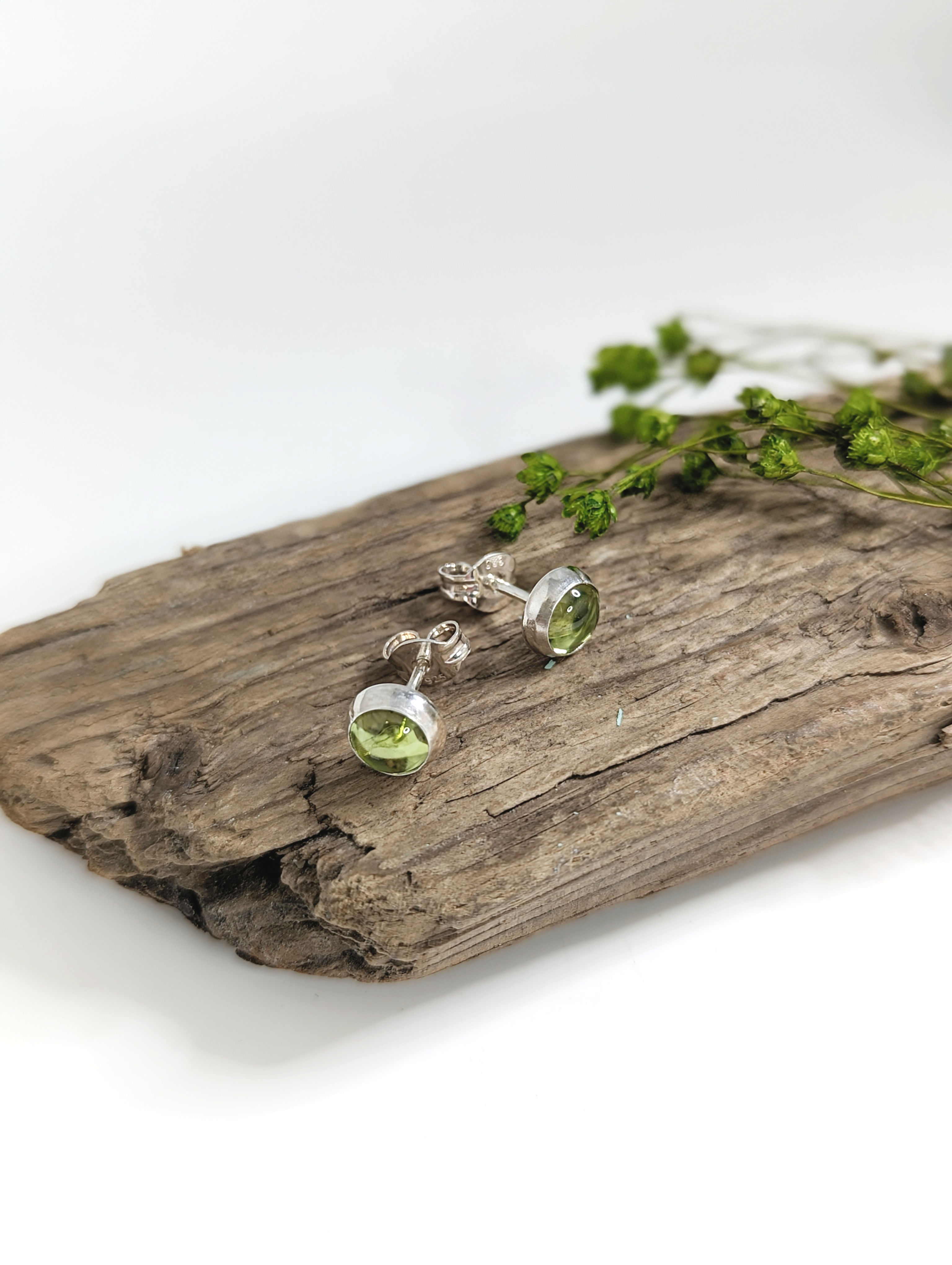 Small Round Sterling Silver Stud Earrings with Peridot