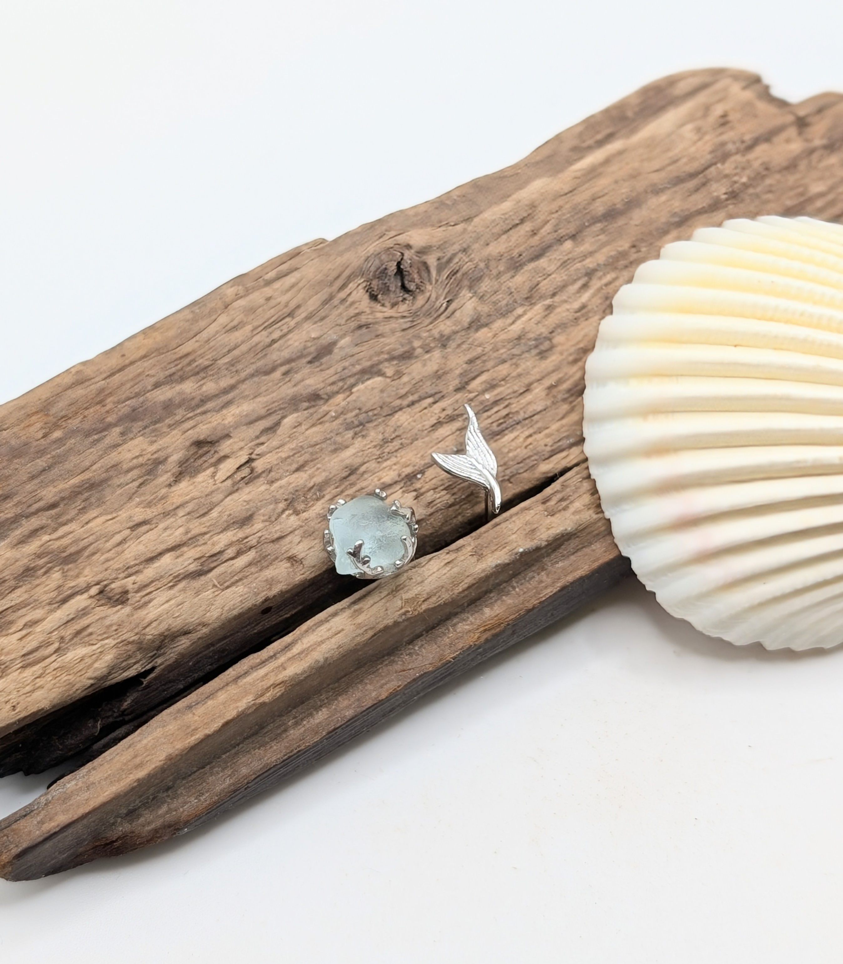Sterling Silver Mismatched Mermaid Tail Stud Earrings with Aqua Seaham Sea Glass