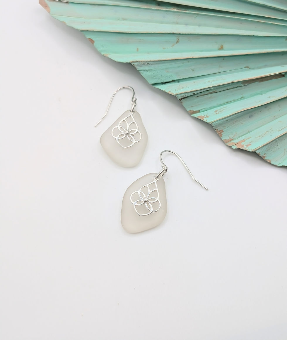 Thumbnail: Sterling Silver Fancy Teardrop Drop Earrings with White Suffolk Sea Glass