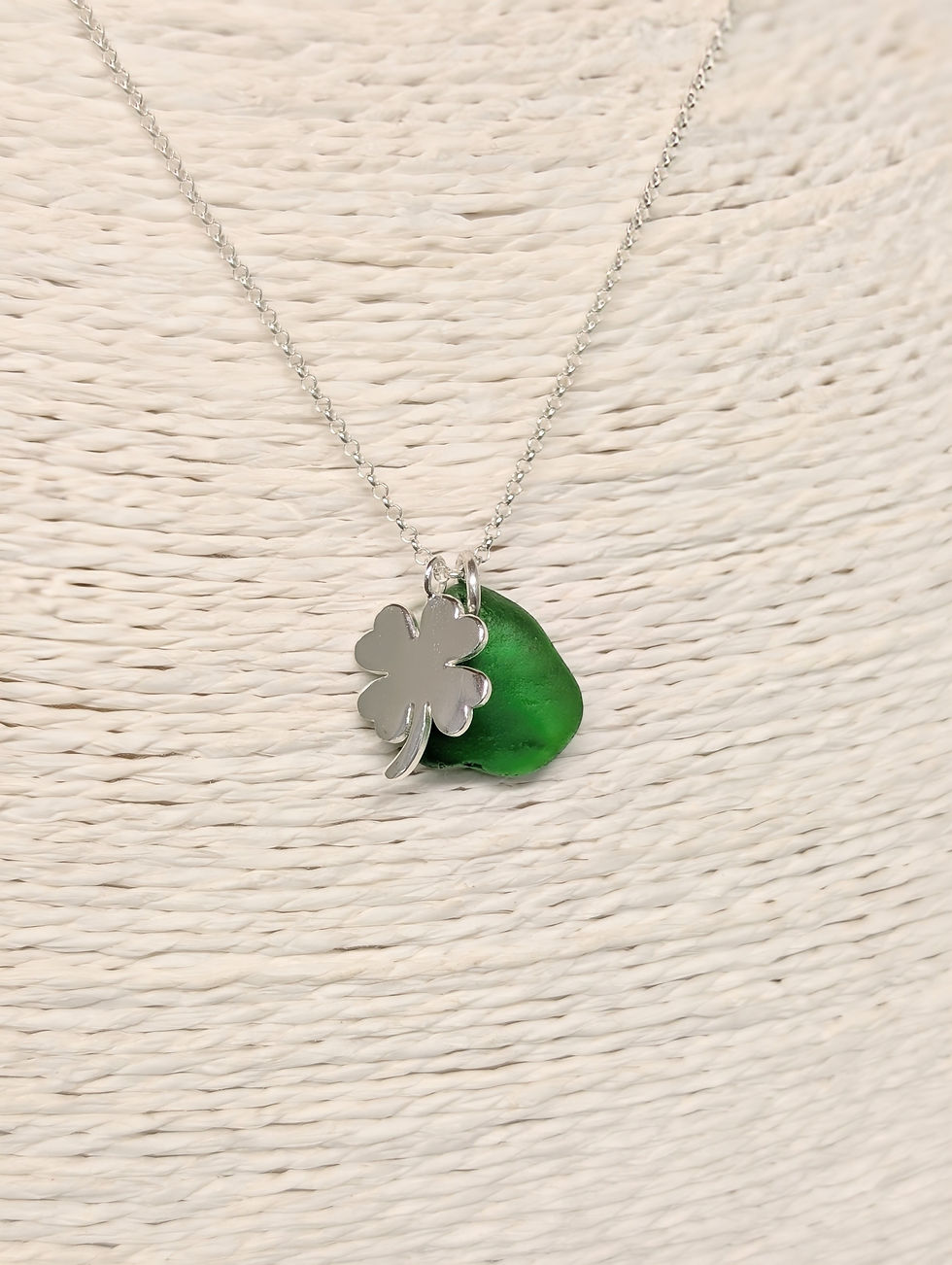 Thumbnail: Sterling Silver Four Leaf Clover Charm Necklace with Green Suffolk Sea Glass
