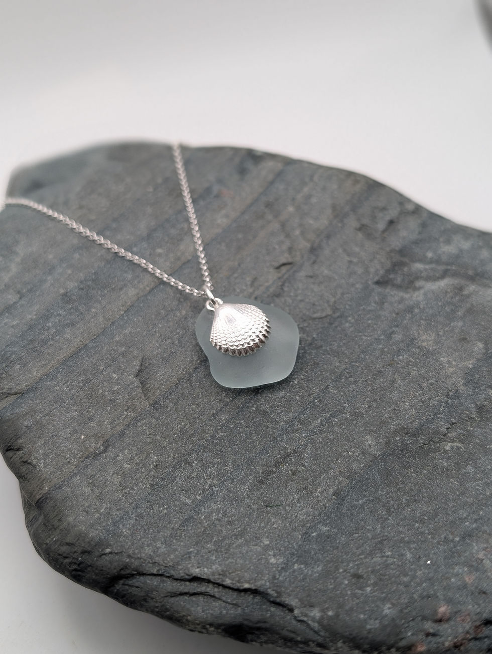 Thumbnail: Sterling Silver Shell Pendant with Aqua Suffolk Sea Glass