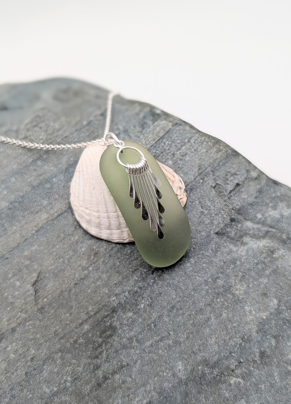 Thumbnail: Sterling Silver Olive Green Sea Glass Pendant with Paddle Tassel Overlay