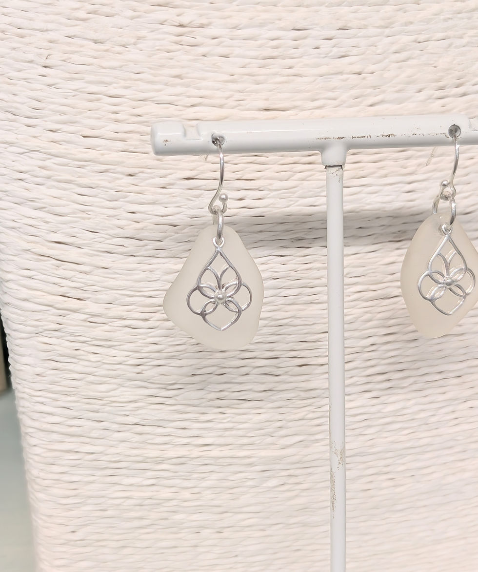 Thumbnail: Sterling Silver Fancy Teardrop Drop Earrings with White Suffolk Sea Glass
