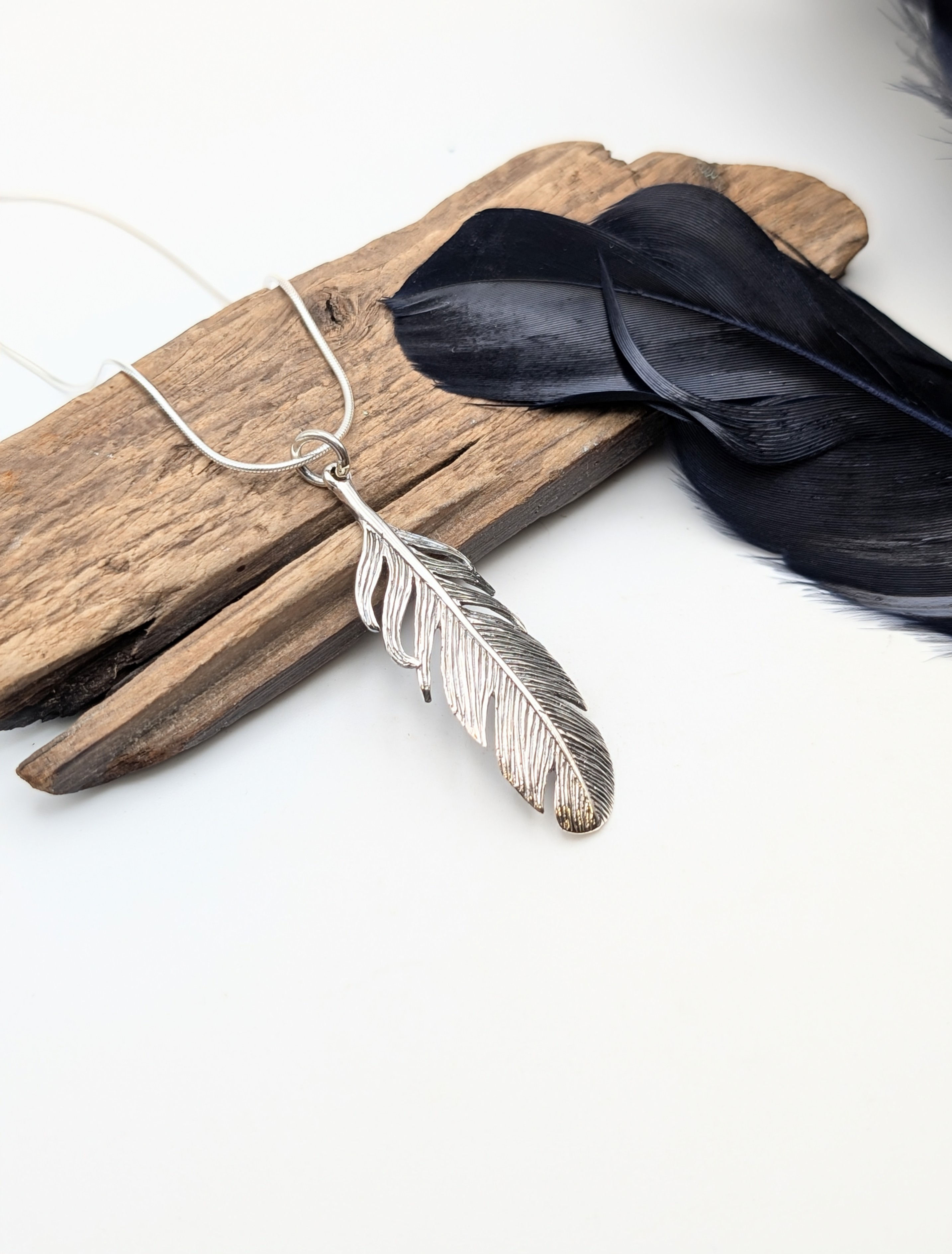Large Sterling Silver Feather Pendant & Chain