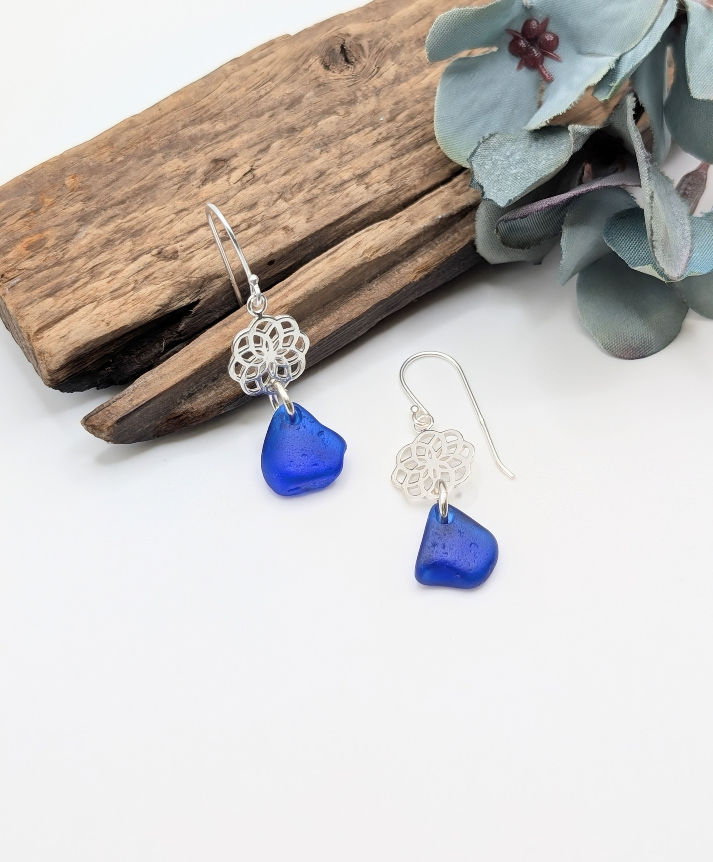 Sterling Silver Floral Drop Earrings with Rare Cobalt Blue Kent Sea Glass