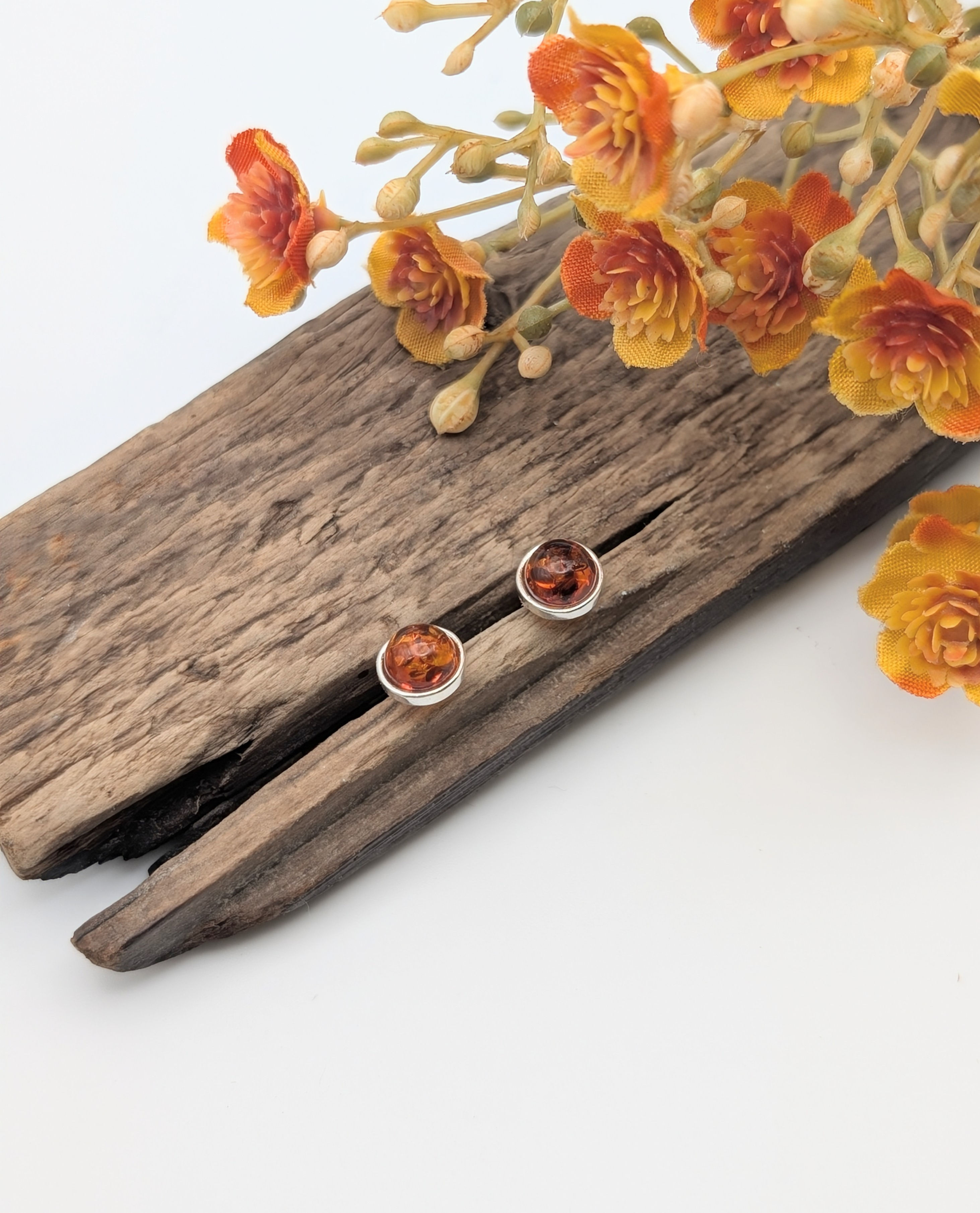 Small Round Sterling Silver Stud Earrings with Baltic Amber