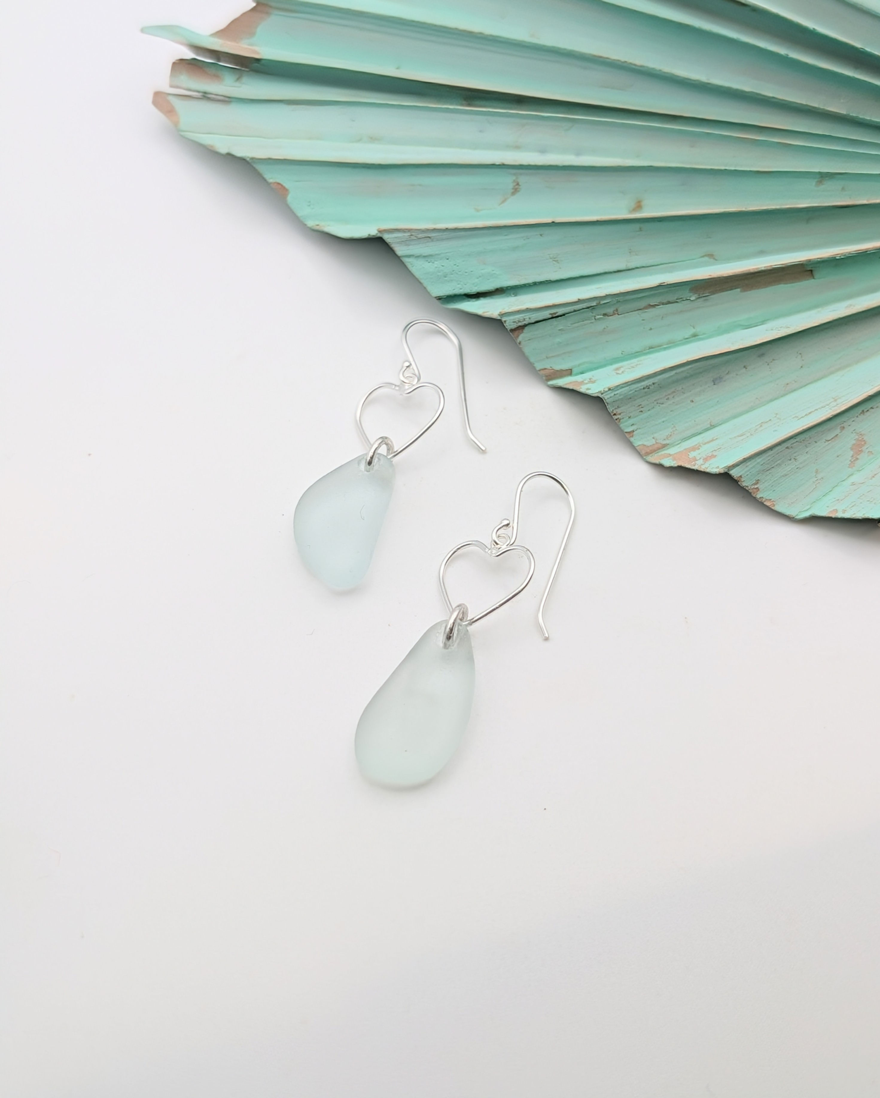Sterling Silver Open Heart Drop Earrings with Aqua Sea Glass