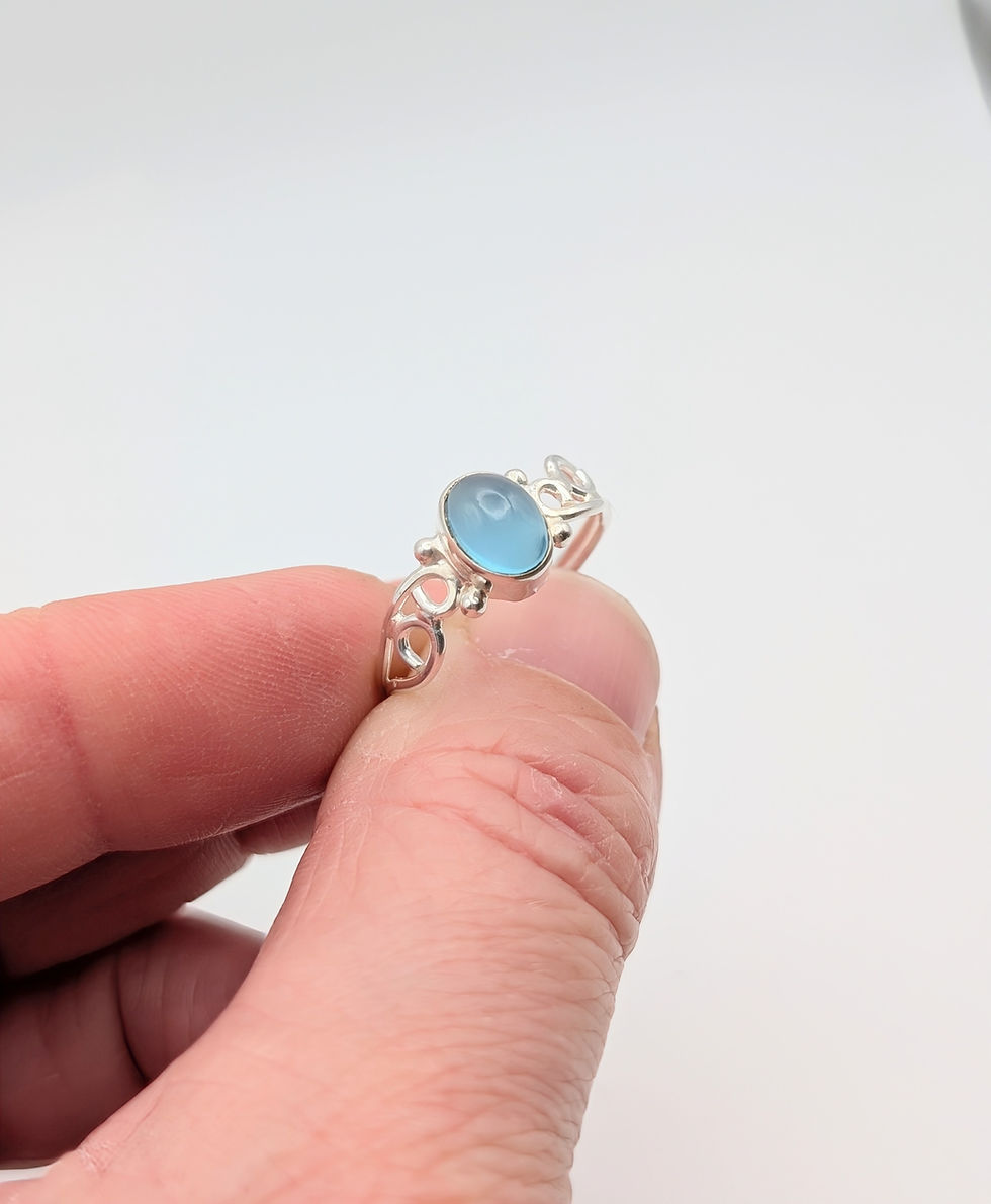 Thumbnail: Sterling Silver Scrolled Shoulder Ring with Blue Chalcedony 