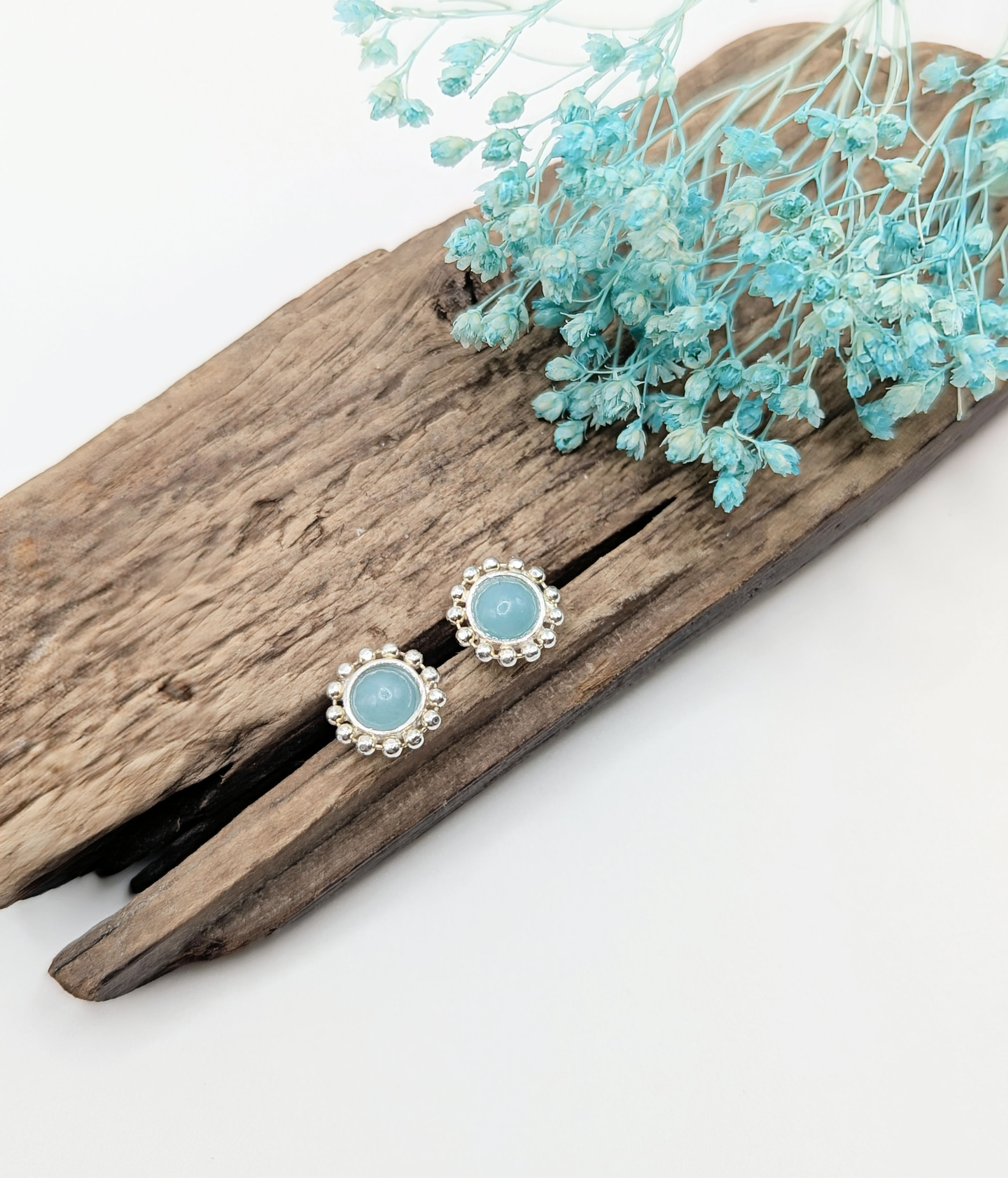 Sterling Silver Beaded Round Stud Earrings with Amazonite