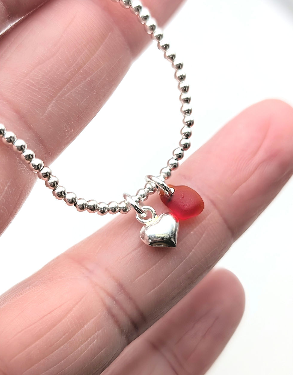 Thumbnail: Expandable Sterling Silver Ball Bracelet with Heart Charm & Rare Red Sea Glass
