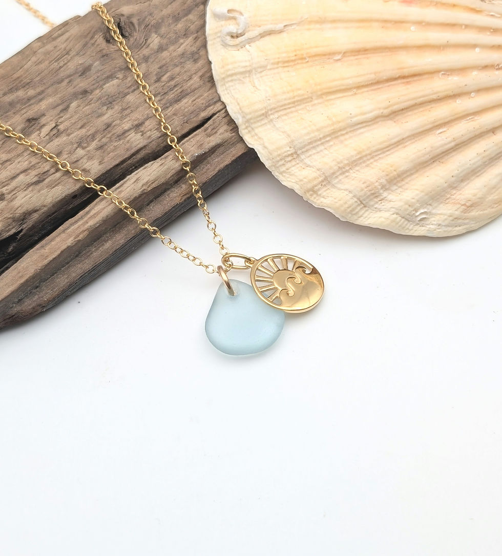 Thumbnail: Gold Filled Sunrise Charm Necklace with Blue Suffolk Sea Glass