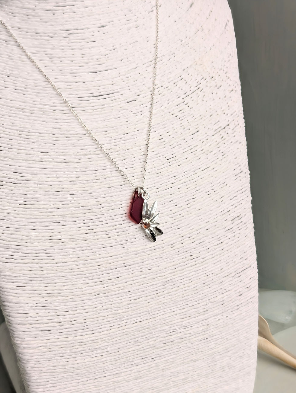 Thumbnail: Sterling Silver Half Flower Pendant with Garnet & Red Sea Glass