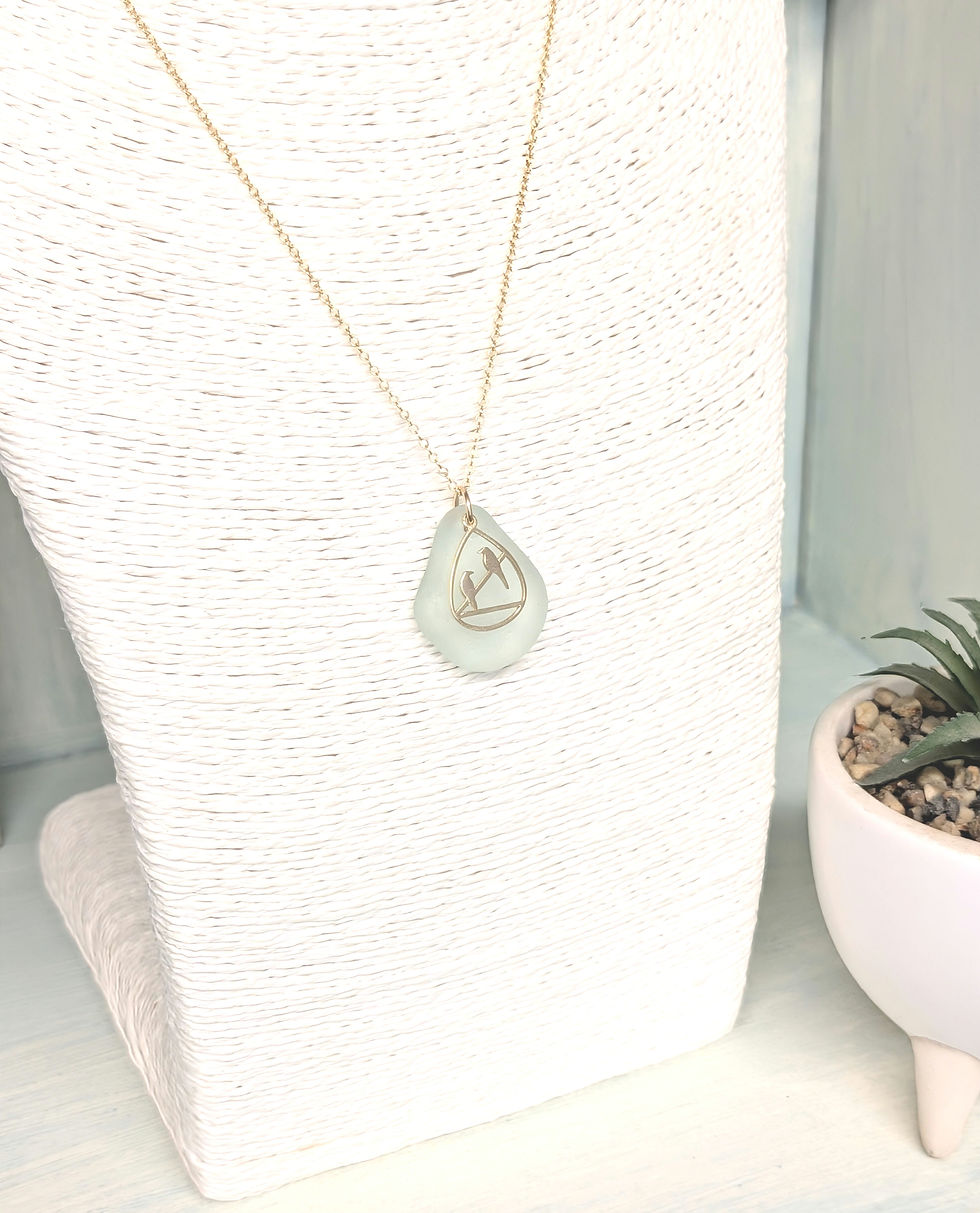 Thumbnail: Yellow Gold Filled Love Birds Pendant with Pale Green Suffolk Sea Glass