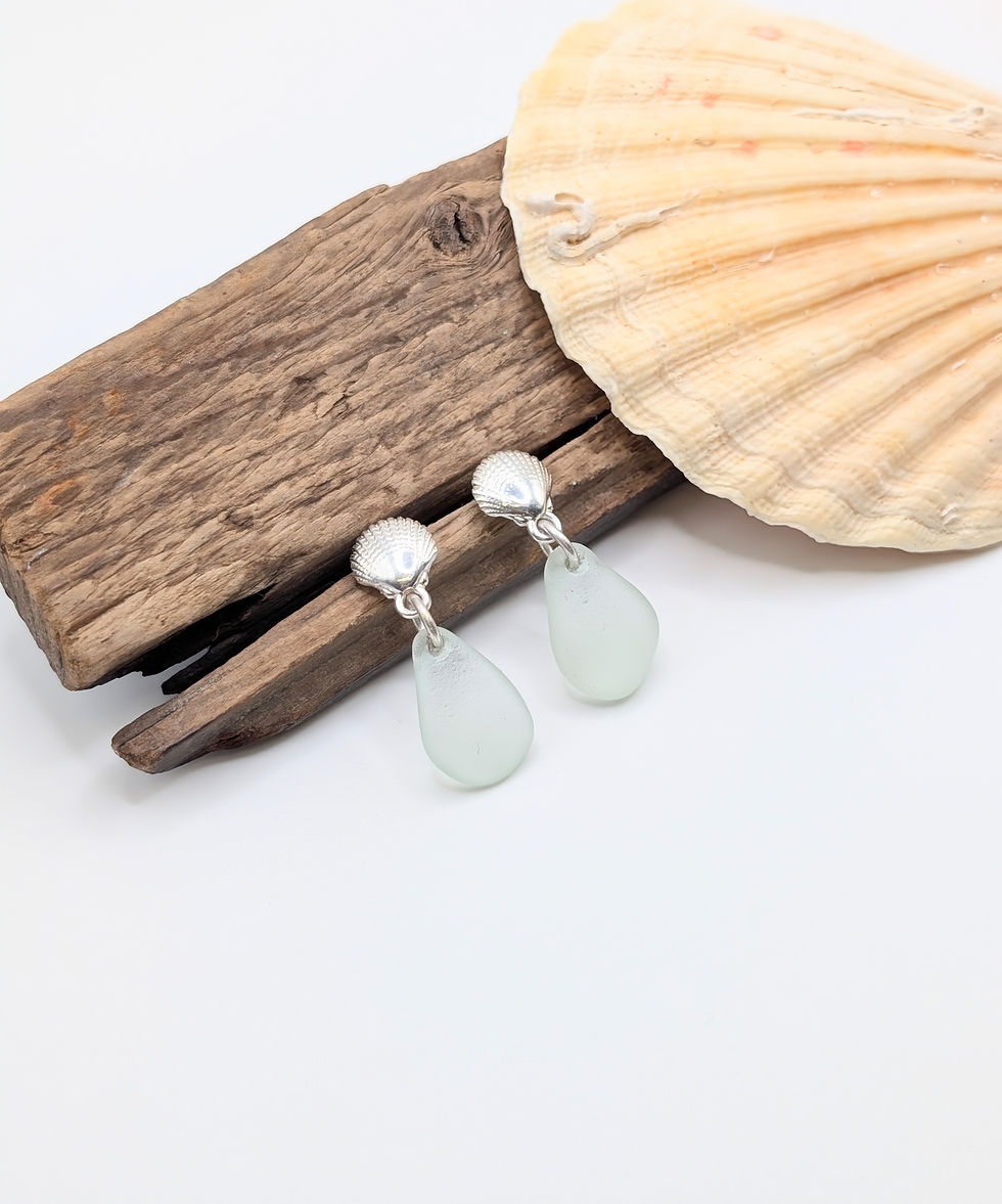 Thumbnail: Sterling Silver Shell Drop Earrings with Aqua Suffolk Sea Glass