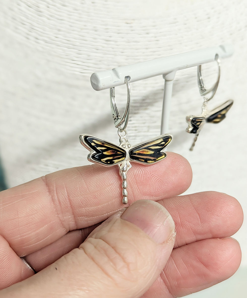 Thumbnail: Sterling Silver Etched Amber Dragonfly Earrings