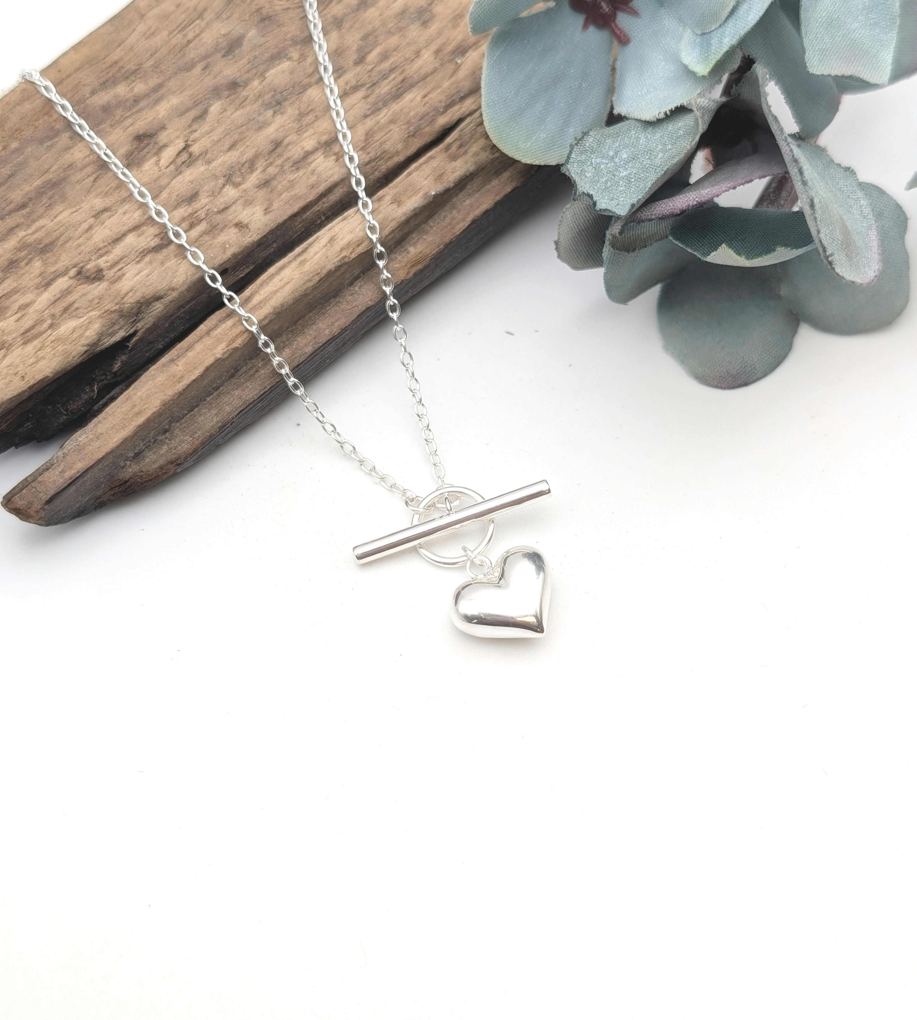 Sterling Silver Heart T-Bar Necklace 