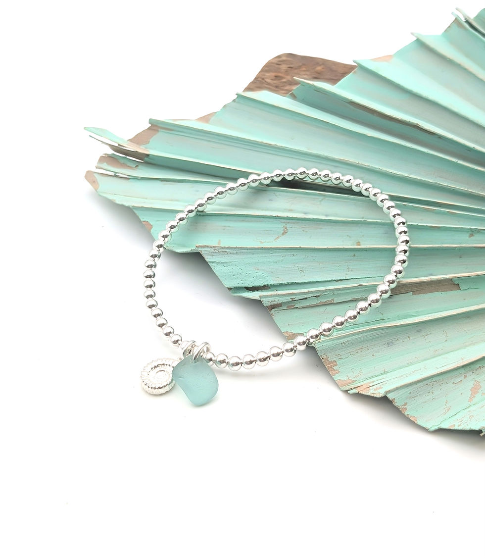 Thumbnail: Sterling Silver Expandable Ball Bracelet with Ammonite Charm & Teal Sea Glass