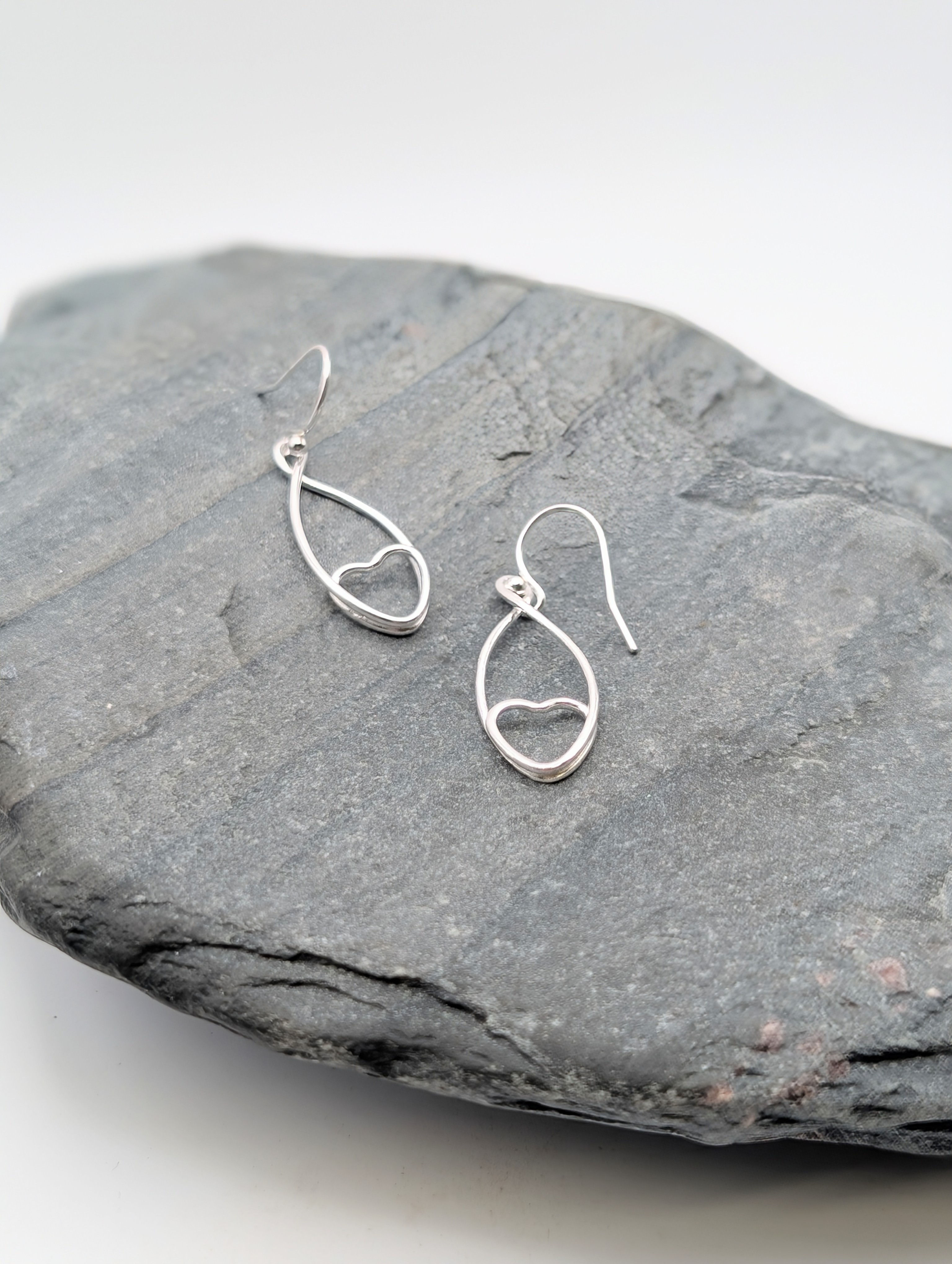 Sterling Silver Wirework Heart Drop Earrings