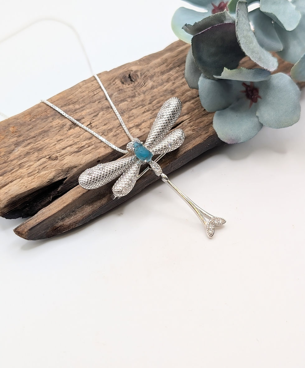 Thumbnail: Sterling Silver Dragonfly Pendant & Brooch with Teal Sea Glass