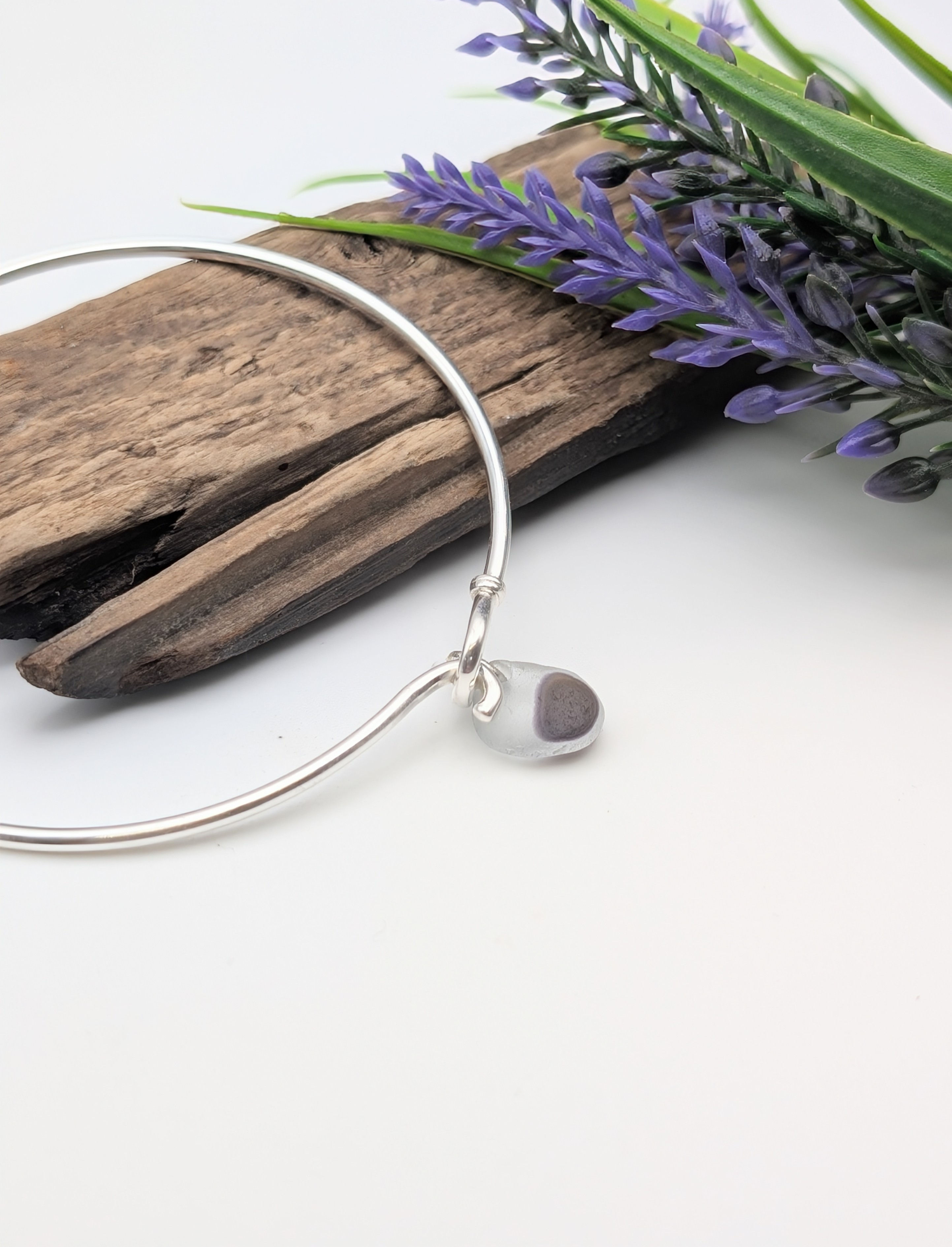 Sterling Silver Loop Clasp Bangle with Rare Seaham Sea Glass