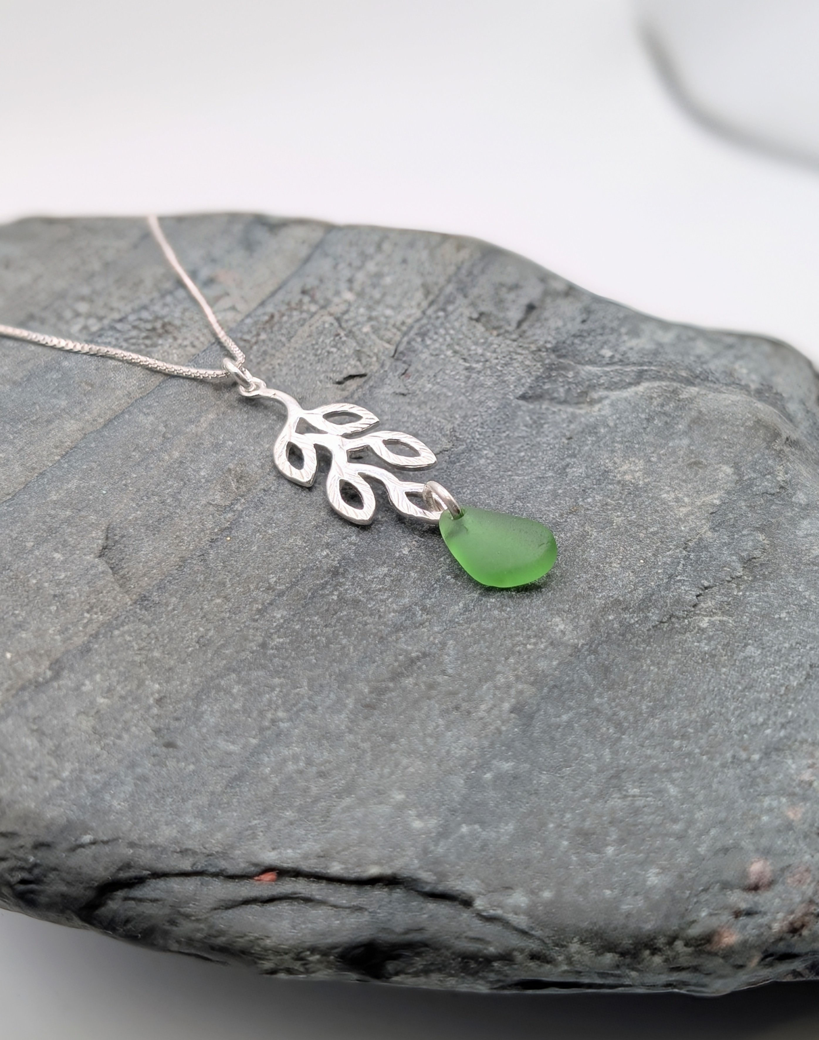 Sterling Silver Cascade Leaf Necklace with Green Suffolk Sea Glass