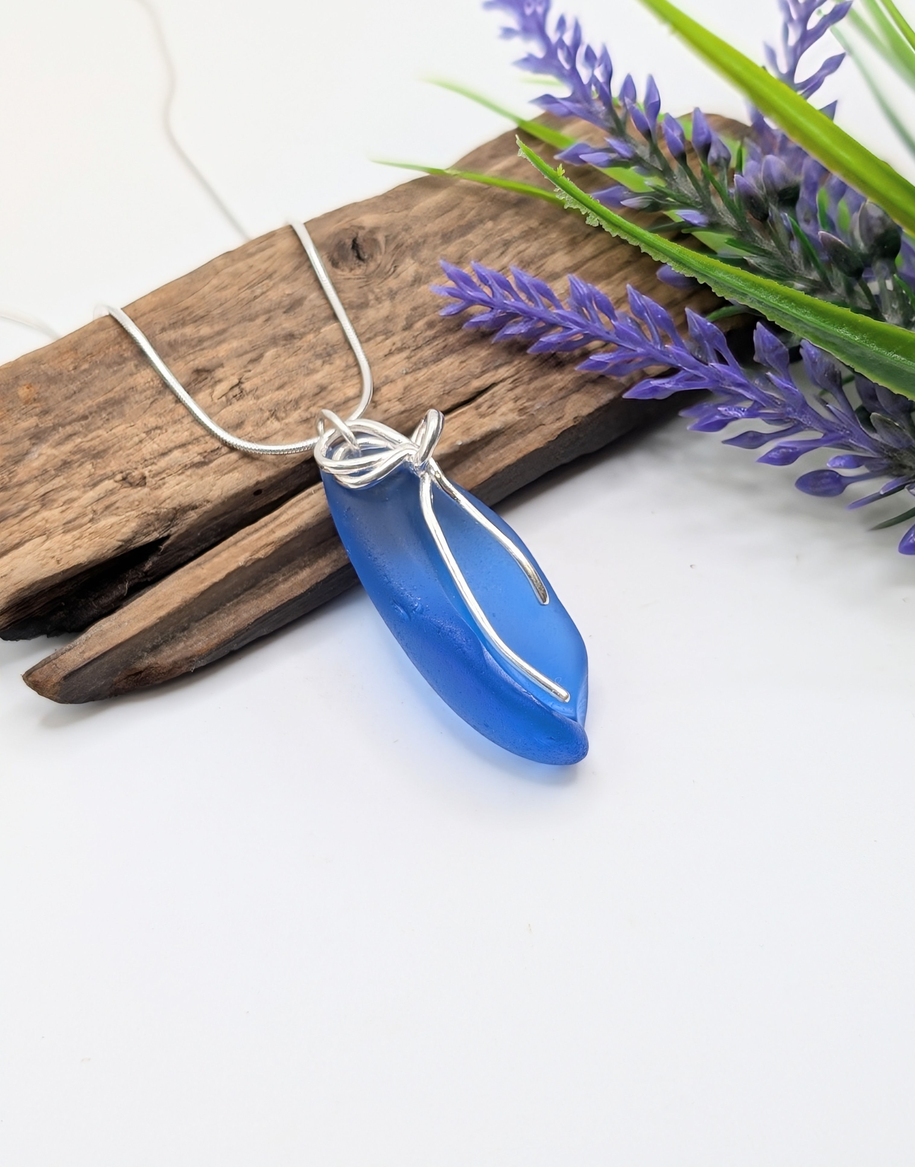 Statement Blue Sea Glass Pendant with Sterling Silver Bow