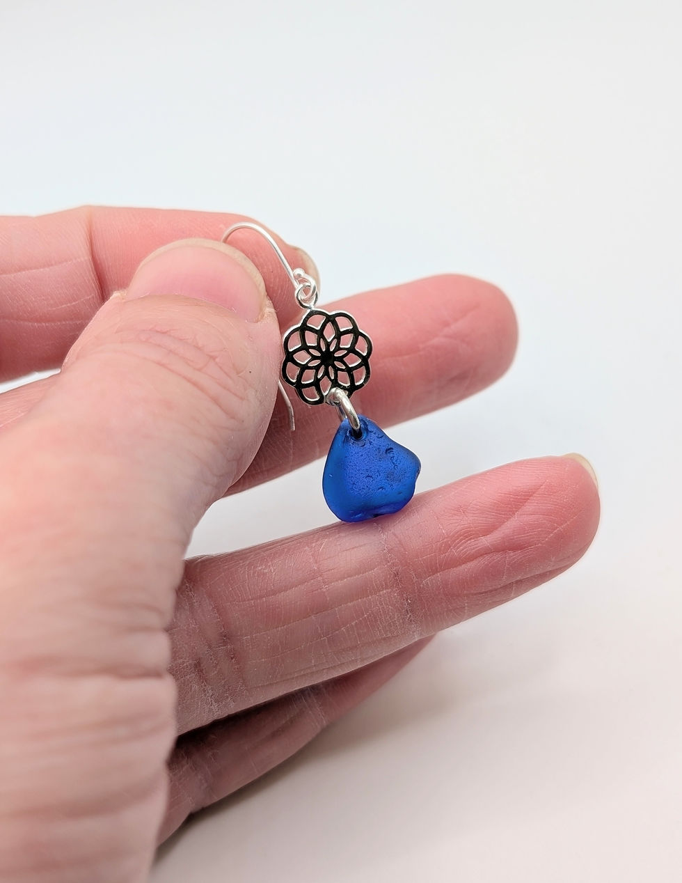 Thumbnail: Sterling Silver Floral Drop Earrings with Rare Cobalt Blue Kent Sea Glass