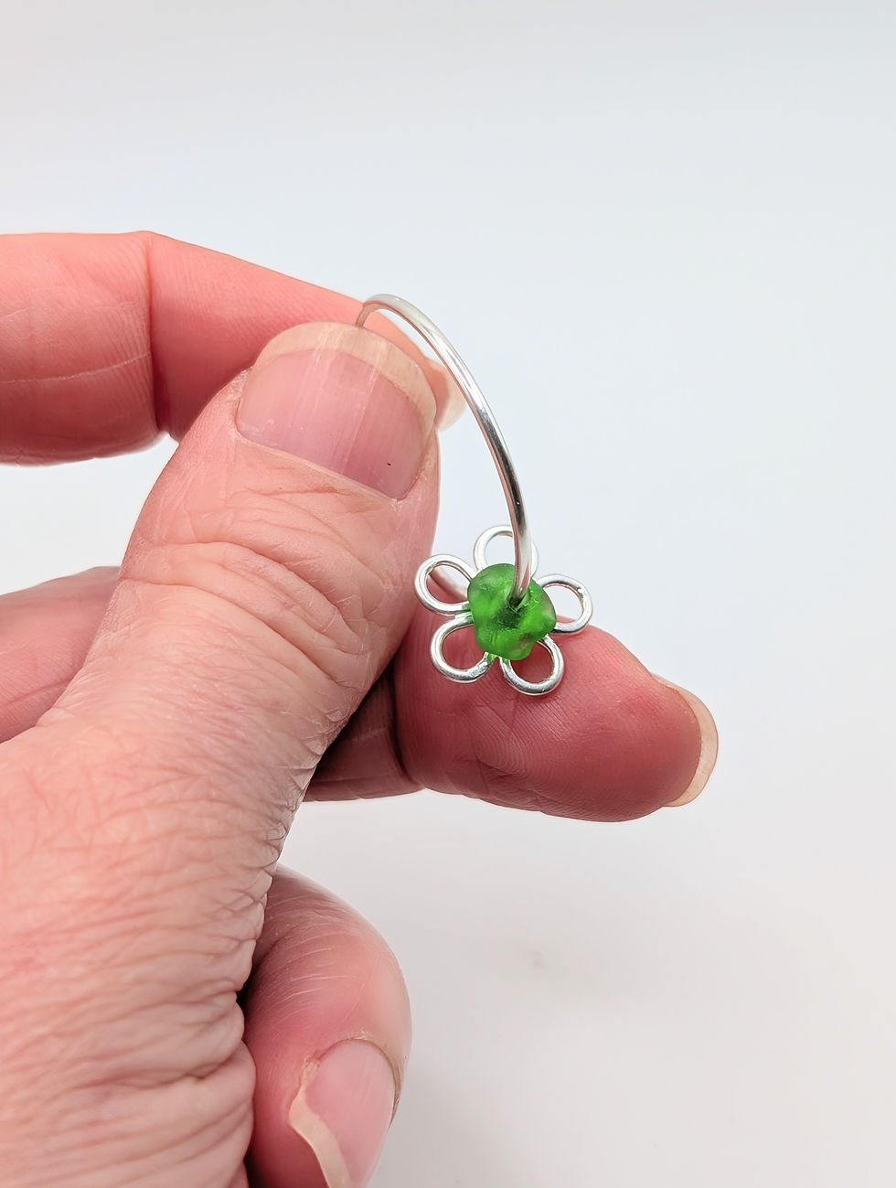 Thumbnail: Sterling Silver Daisy Hoop Earrings with Green Seaham Sea Glass