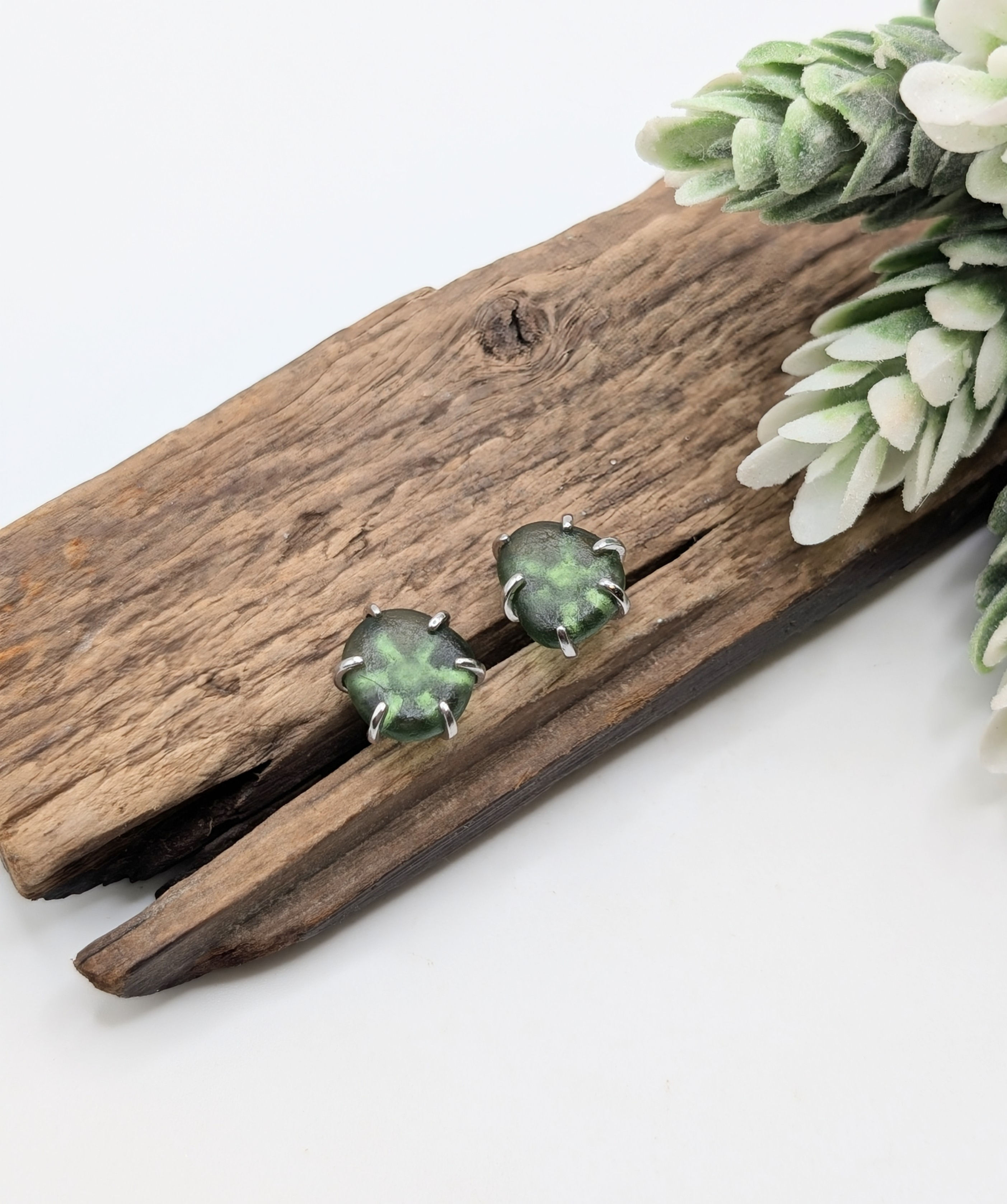 Sterling Silver Claw Set Stud Earrings with Green Seaham Sea Glass