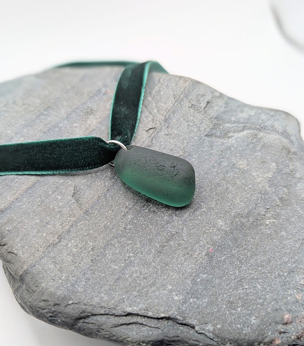 Thumbnail: Dark Green Velvet Ribbon Necklace with Dark Green Seaham Sea Glass