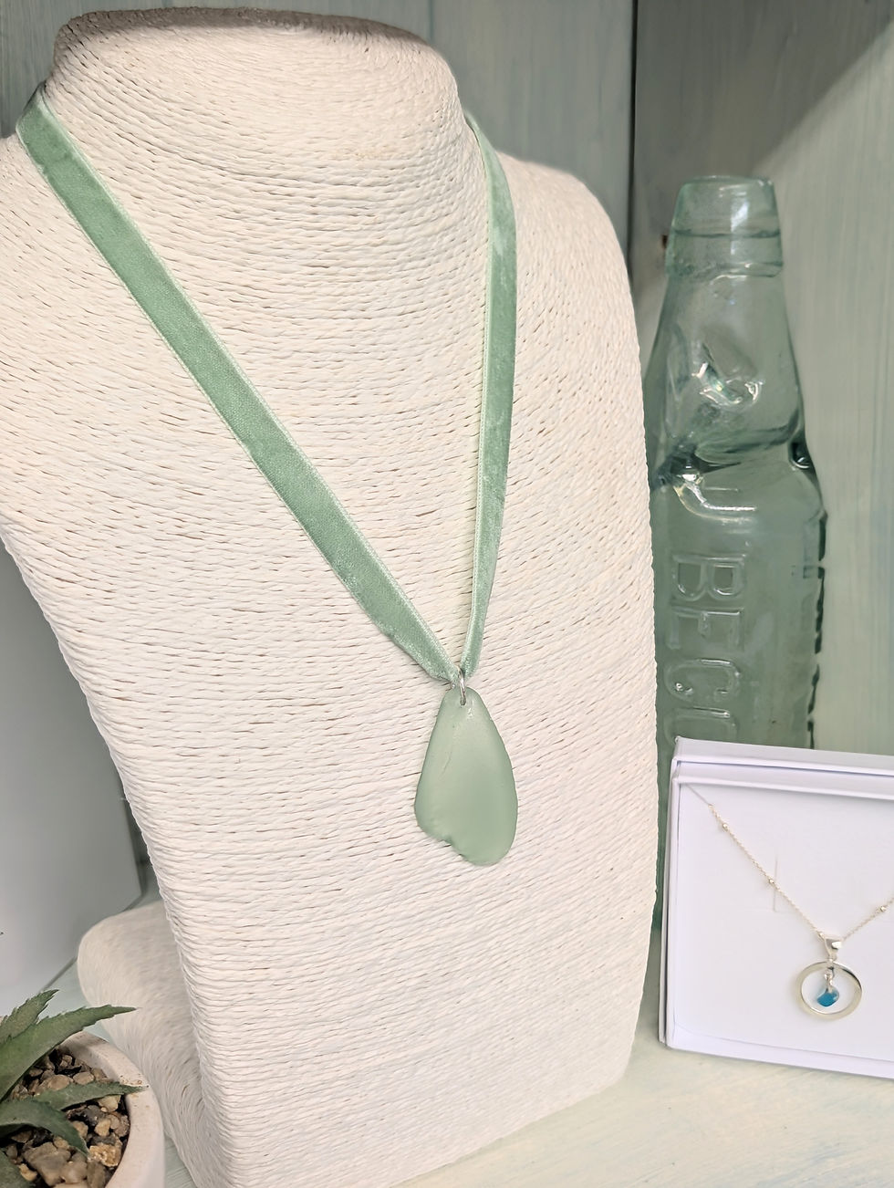 Thumbnail: Pale Green Velvet Ribbon Necklace with Seafoam Green Suffolk Sea Glass