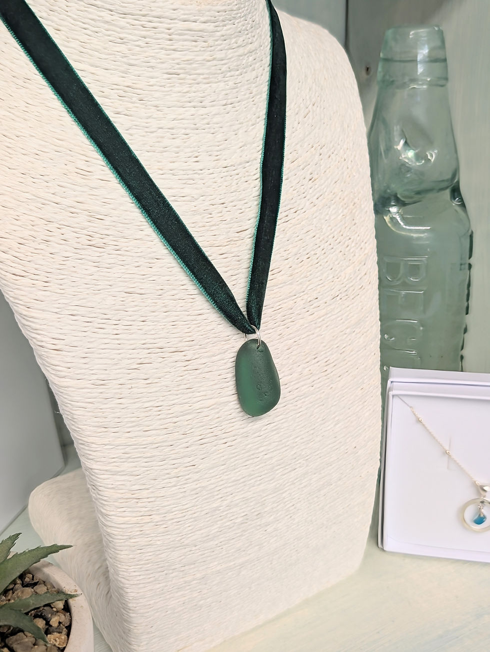 Thumbnail: Dark Green Velvet Ribbon Necklace with Dark Green Seaham Sea Glass