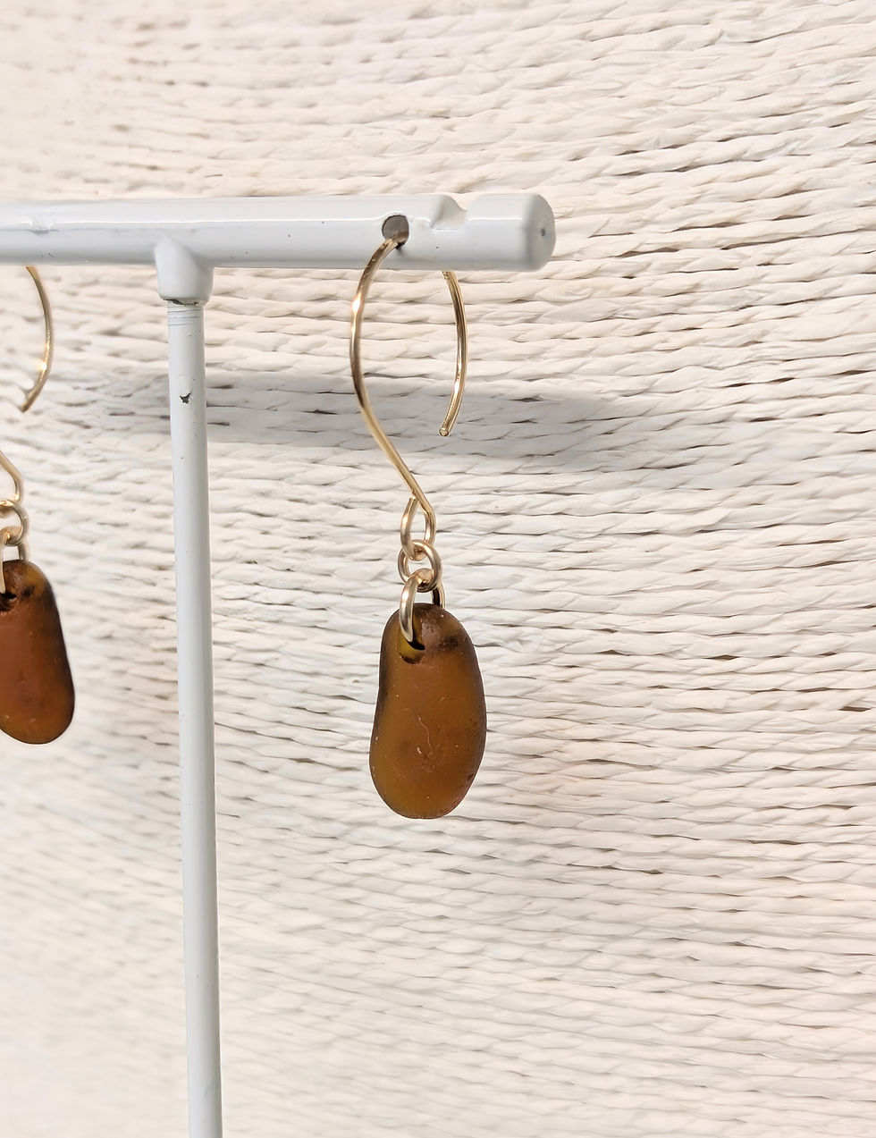 Thumbnail: Gold Filled Curve Drop Earrings with Brown Sea Glass