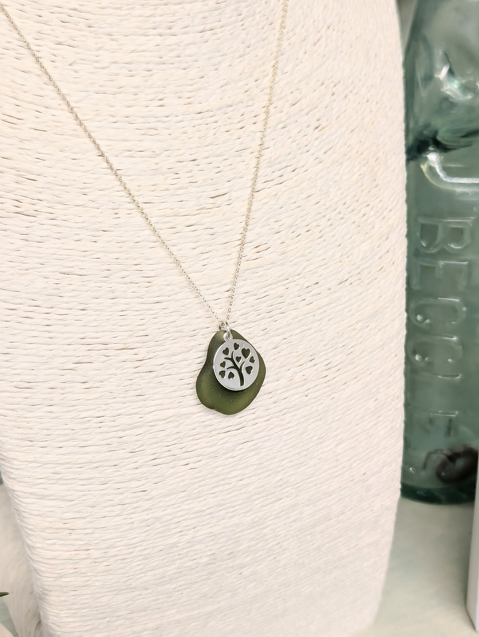 Thumbnail: Olive Green Suffolk Sea Glass Pendant with Tree of Love Overlay 