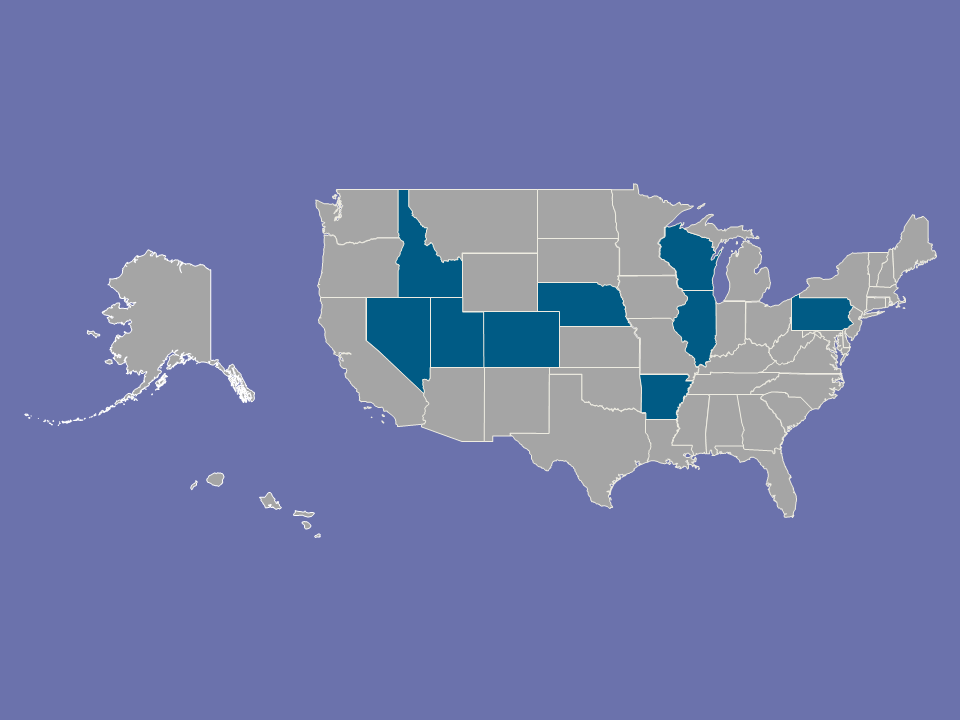 A map of the U.S. with nine states, Arkansas, Colorado, Idaho, Illinois, Nebraska, Nevada, Pennsylvania, Utah, and Wisconsin, in dark shading