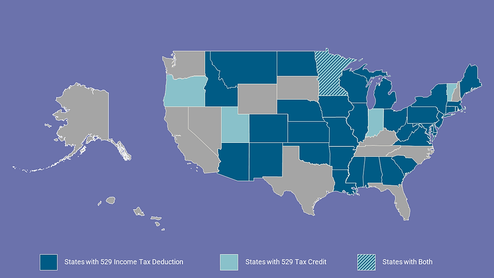 Map of the US with states shaded that offer 529 state tax deductions or tax credits