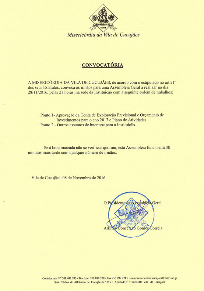 Convocatória para Reunião da Assembleia Geral