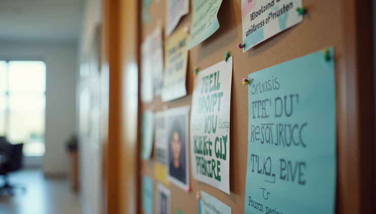 Close-up view of a colorful bulletin board displaying employee achievements and motivational quotes