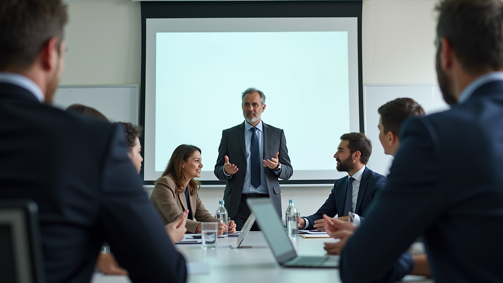 Eye-level view of a conference room with a consultant presenting to a small group