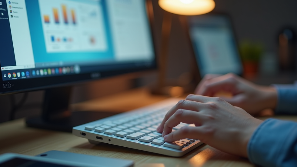 Close-up view of hands typing on keyboard with HR software on screen