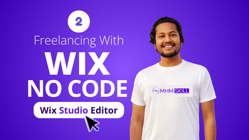 A smiling man standing in front of a purple background with the text "Freelancing with Wix No Code".