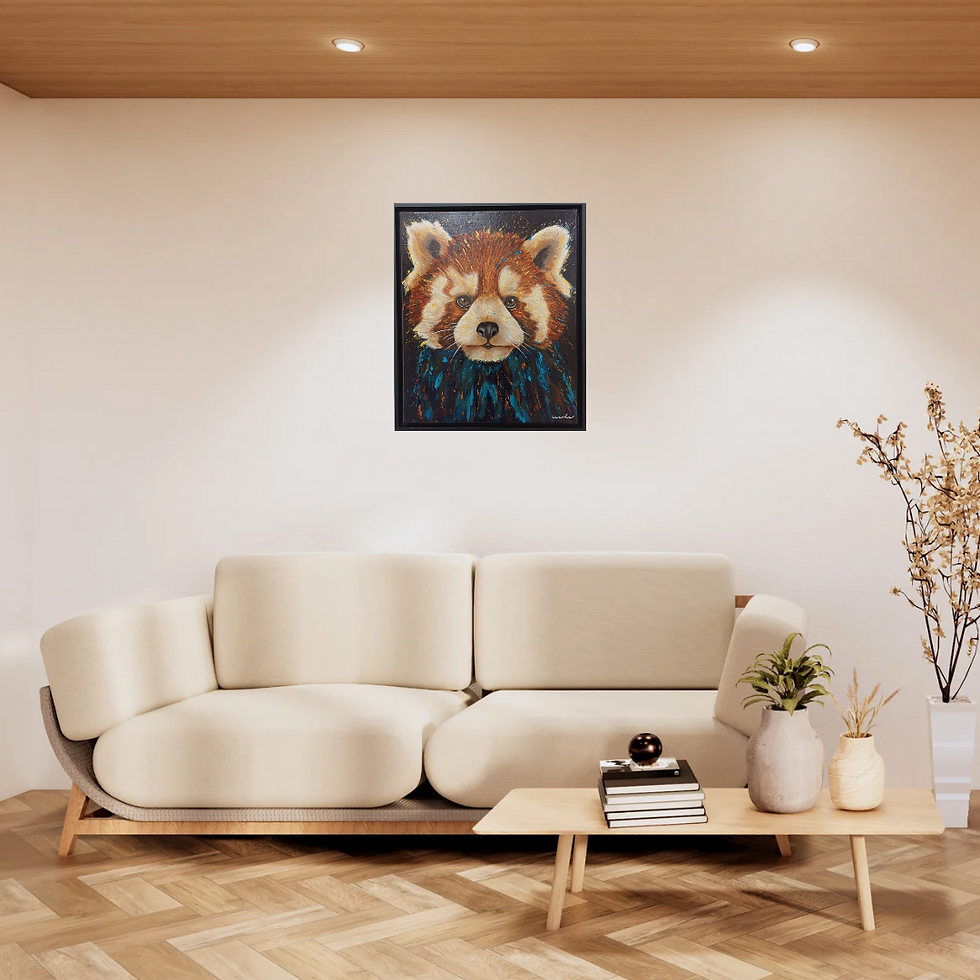 Tableau panda roux impressionniste accroché au mur dans un salon moderne